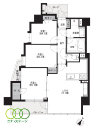  3LDK、専有面積62.88㎡、バルコニー面積5.14㎡ 