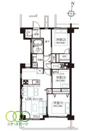  3LDK�A��L�ʐ�64.29�u�A�o���R�j�[�ʐ�8.03�u 