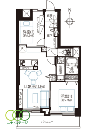  2LDK�A��L�ʐ�52.36�u�A�o���R�j�[�ʐ�7.71�u 