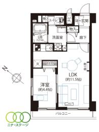  1LDK�A��L�ʐ�39.35�u�A�o���R�j�[�ʐ�4�u 