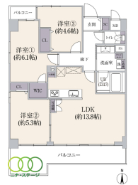  3LDK�A��L�ʐ�66.43�u�A�o���R�j�[�ʐ�13.31�u 