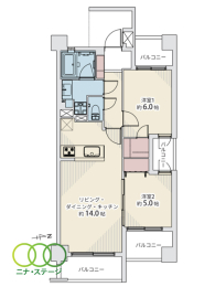  2LDK�A��L�ʐ�56.68�u�A�o���R�j�[�ʐ�14.27�u 