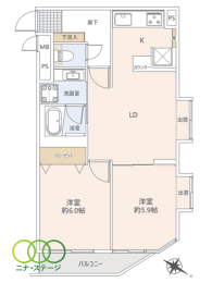  2LDK�A��L�ʐ�54.65�u�A�o���R�j�[�ʐ�3.59�u 