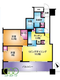  2LDK�A��L�ʐ�56.39�u�A�o���R�j�[�ʐ�14.53�u 