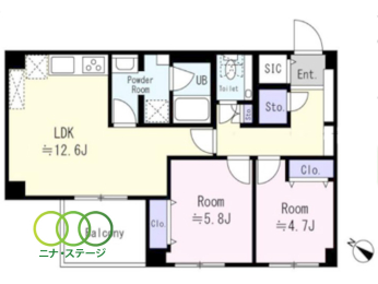  2LDK�A��L�ʐ�61.69�u�A�o���R�j�[�ʐ�5.81�u 