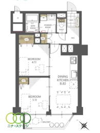  2DK�A��L�ʐ�48.07�u�A�o���R�j�[�ʐ�5.39�u 