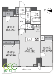  3LDK�A��L�ʐ�63.29�u�A�o���R�j�[�ʐ�6.9�u 