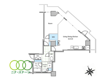  1LDK�A��L�ʐ�56.32�u�A�o���R�j�[�ʐ�13.87�u 