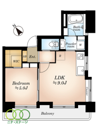  1LDK�A��L�ʐ�34.16�u�A�o���R�j�[�ʐ�5.94�u 