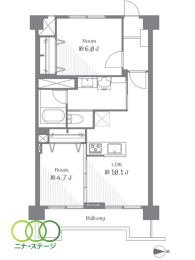  2LDK�A��L�ʐ�48.6�u�A�o���R�j�[�ʐ�5.4�u 