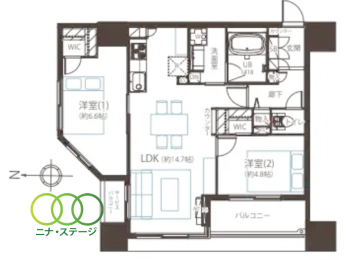  2LDK�A��L�ʐ�61.72�u�A�o���R�j�[�ʐ�6.55�u 