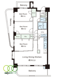  3LDK�A��L�ʐ�76.37�u�A�o���R�j�[�ʐ�23.85�u 