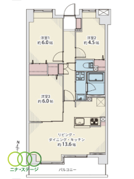  3LDK�A��L�ʐ�65.55�u�A�o���R�j�[�ʐ�7.65�u 