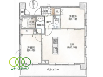  2LDK�A��L�ʐ�53.14�u�A�o���R�j�[�ʐ�11.2�u 