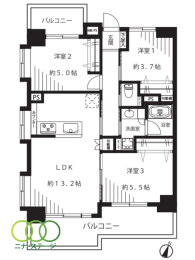  3LDK�A��L�ʐ�66.71�u�A�o���R�j�[�ʐ�16.11�u 