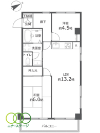  2LDK�A��L�ʐ�52.02�u�A�o���R�j�[�ʐ�5.4�u 