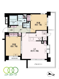  2LDK�A��L�ʐ�61�u�A�o���R�j�[�ʐ�19.93�u 