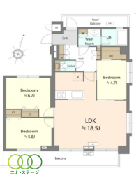  3LDK�A��L�ʐ�77.49�u�A�o���R�j�[�ʐ�15.38�u 