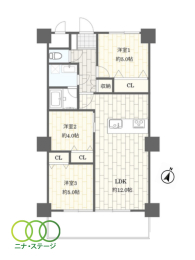  3LDK�A��L�ʐ�58.05�u�A�o���R�j�[�ʐ�6.96�u 