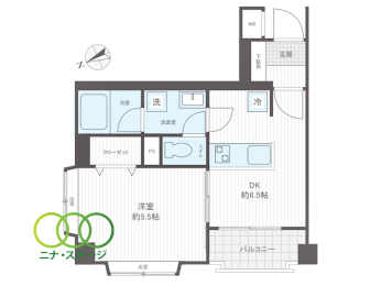  1LDK�A��L�ʐ�32.16�u�A�o���R�j�[�ʐ�2.43�u 