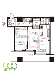  2LDK�A��L�ʐ�62.24�u�A�o���R�j�[�ʐ�7.3�u 