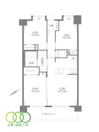  3LDK�A��L�ʐ�60.76�u�A�o���R�j�[�ʐ�9.3�u 