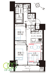  2LDK�A��L�ʐ�55.77�u�A�o���R�j�[�ʐ�7.25�u 