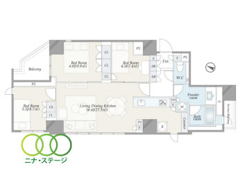  3LDK�A��L�ʐ�72.84�u�A�o���R�j�[�ʐ�4.43�u 