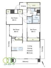  3LDK�A��L�ʐ�70.62�u�A�o���R�j�[�ʐ�21.69�u 