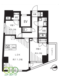  2LDK�A��L�ʐ�57.66�u�A�o���R�j�[�ʐ�5.82�u 