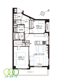  2LDK�A��L�ʐ�60.82�u�A�o���R�j�[�ʐ�8.23�u 