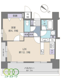  1LDK�A��L�ʐ�41.66�u�A�o���R�j�[�ʐ�12.87�u 