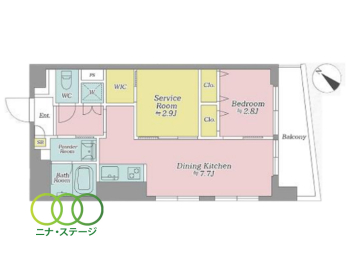  1DK+S�i�[�ˁj�A��L�ʐ�43.53�u�A�o���R�j�[�ʐ�6.57�u 