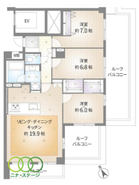  3LDK�A��L�ʐ�87.08�u�A�o���R�j�[�ʐ�5.68�u 