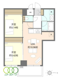  2LDK�A��L�ʐ�50.85�u�A�o���R�j�[�ʐ�4.22�u 