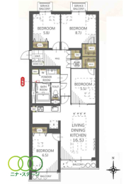  4LDK�A��L�ʐ�98.45�u�A�o���R�j�[�ʐ�6.6�u 