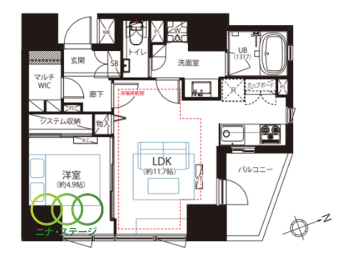  1LDK�A��L�ʐ�44.23�u�A�o���R�j�[�ʐ�3.83�u 