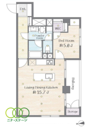  1LDK�A��L�ʐ�50.06�u�A�o���R�j�[�ʐ�6.34�u 