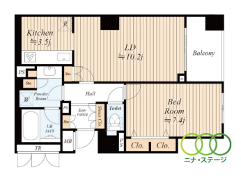  1LDK�A��L�ʐ�53.89�u�A�o���R�j�[�ʐ�5.56�u 