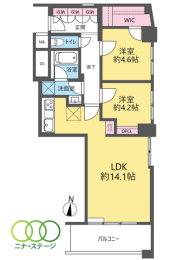  2LDK�A��L�ʐ�54.8�u�A�o���R�j�[�ʐ�5.8�u 