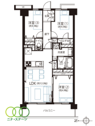  3LDK�A��L�ʐ�61.48�u�A�o���R�j�[�ʐ�8.7�u 