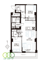  2LDK�A��L�ʐ�51.94�u�A�o���R�j�[�ʐ�4.5�u 