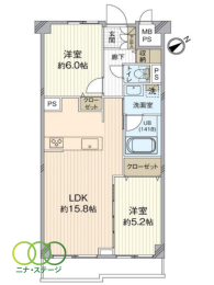  2LDK�A��L�ʐ�61.7�u�A�o���R�j�[�ʐ�6.03�u 