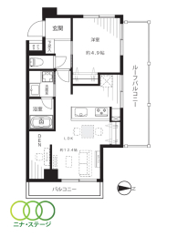  1LDK�A��L�ʐ�42.73�u�A�o���R�j�[�ʐ�3.64�u 