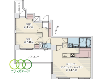  2LDK�A��L�ʐ�59.48�u�A�o���R�j�[�ʐ�10.8�u 