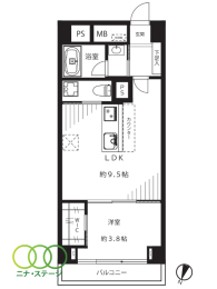  1LDK�A��L�ʐ�35.17�u�A�o���R�j�[�ʐ�1.7�u 