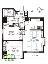  2LDK�A��L�ʐ�59.94�u�A�o���R�j�[�ʐ�4.44�u 