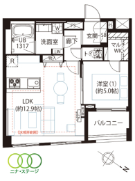  1LDK�A��L�ʐ�48.36�u�A�o���R�j�[�ʐ�4.35�u 
