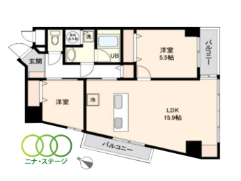  2LDK�A��L�ʐ�63.34�u�A�o���R�j�[�ʐ�5.71�u 