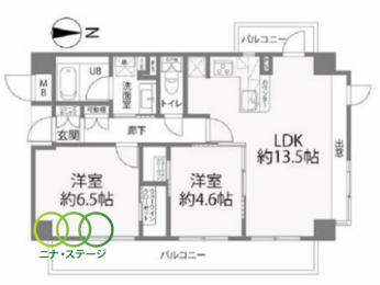  2LDK�A��L�ʐ�55.65�u�A�o���R�j�[�ʐ�11.9�u 